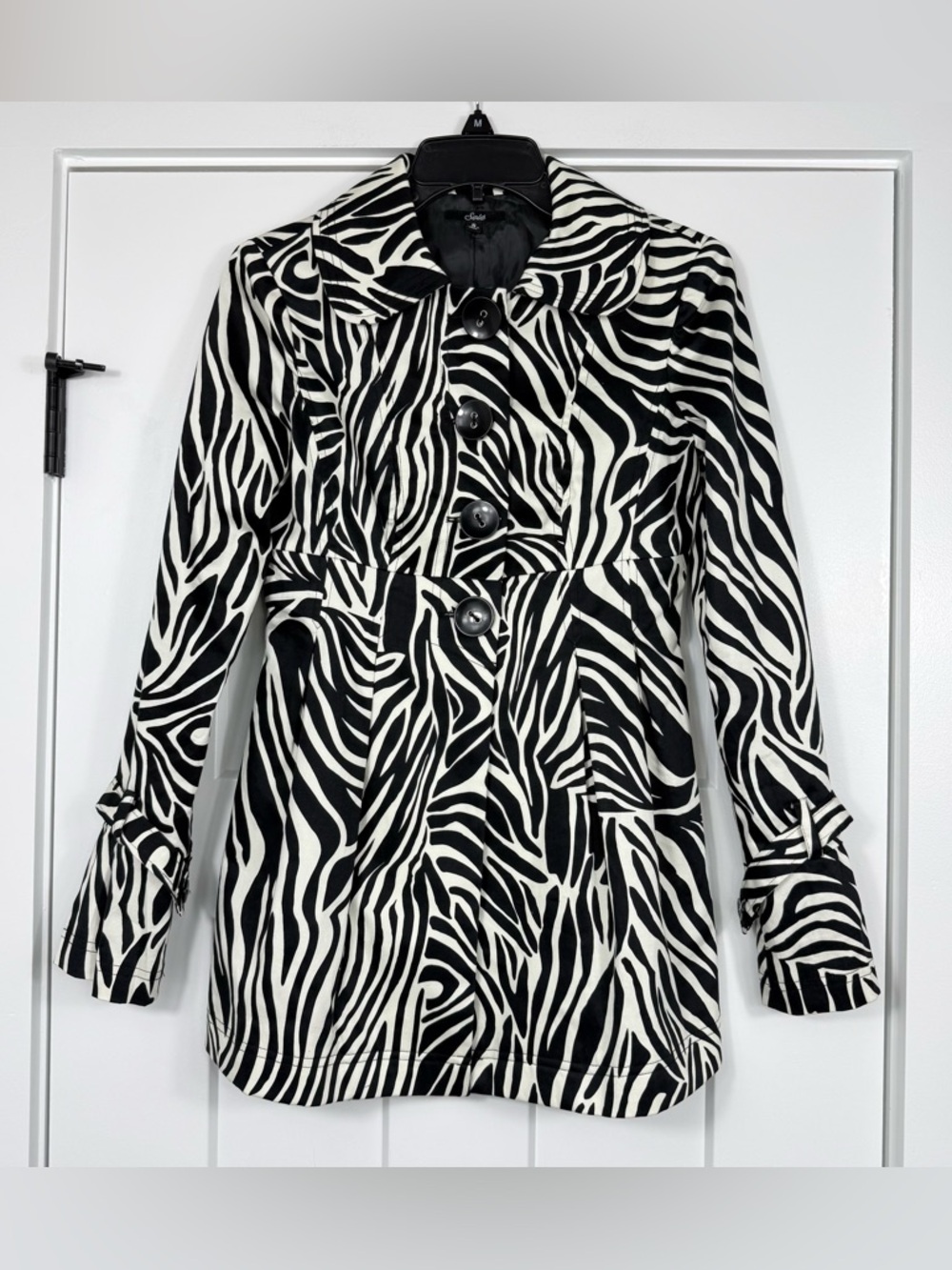 Sele Zebra Print Button Up Flared 3/4 Sleeves Medium Length Trench Coat Small